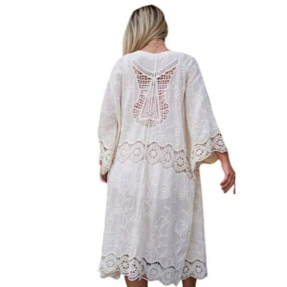 Crochet Open Weave Detail Longline Kimono – Women’s One Size Fits All